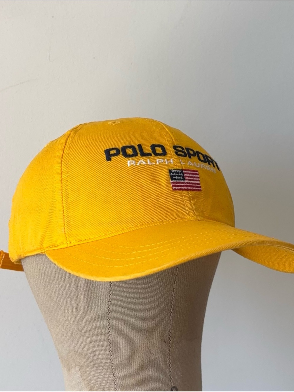 Vintage Polo Sport Ralph Lauren Yellow Spellout Flag Hat Made in USA 90s